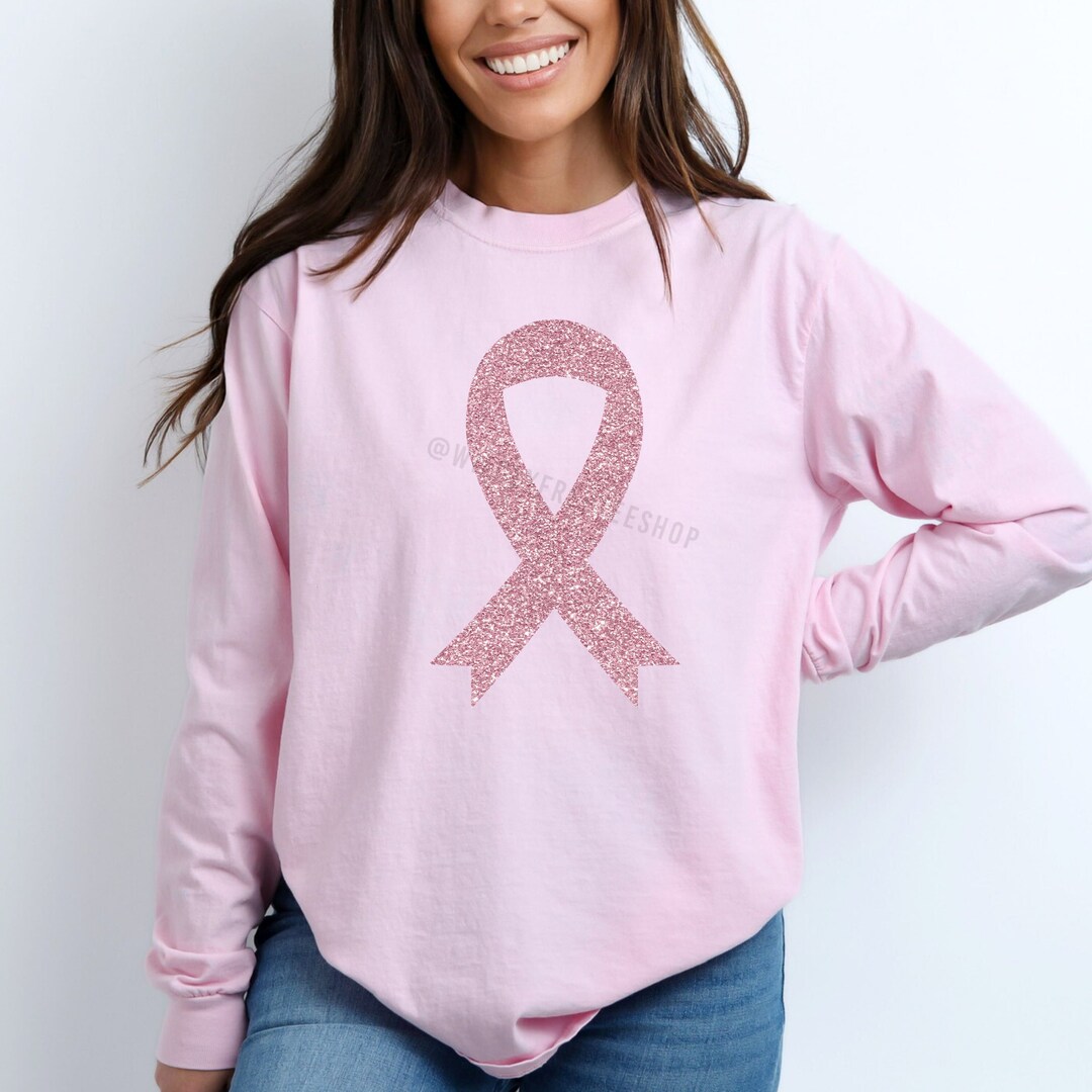 Pink Ribbon Long Sleeve Shirt, Glitter Breast Cancer Awareness
