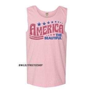 Pu&ograve; includere: Canotta rosa senza maniche con una grafica in stile vintage che recita "America The Beautiful" con stelle e colori rosso, bianco e blu.