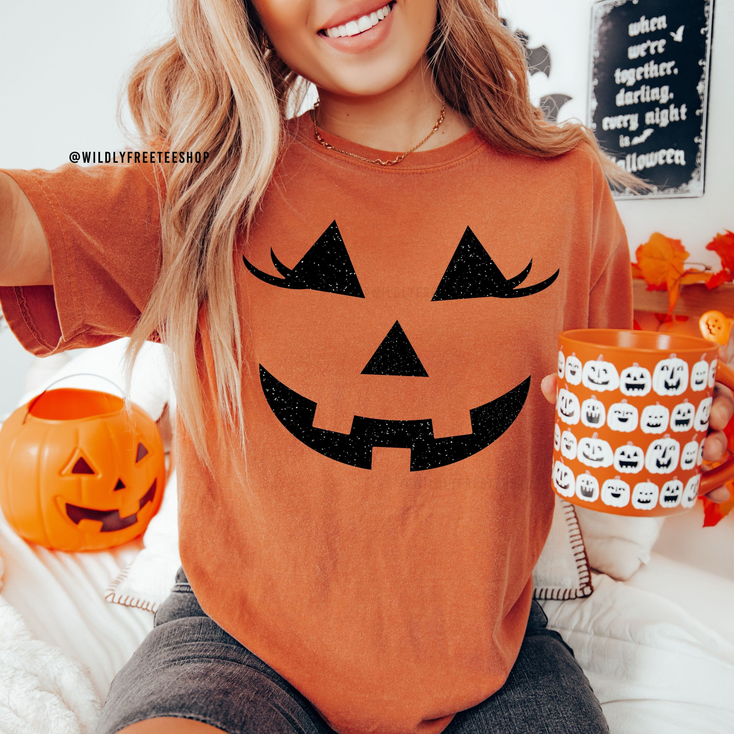 Pumpkin Face T-Shirt Funny Halloween Jack O Lantern Shirt (Orange) - S  Graphic Tees 