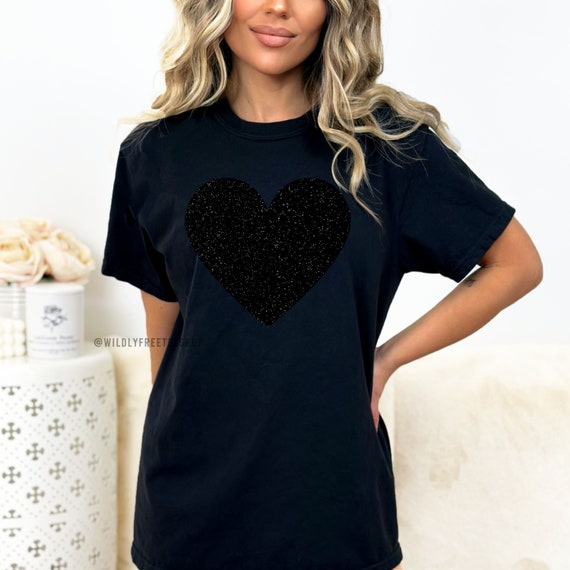 Womens Black on Black Monochromatic Heart Shirt, Glitter