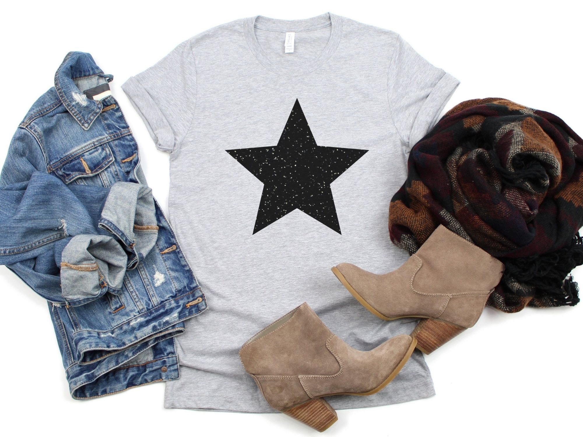 【SATIIIZ】Penkey Star Painting Short-Sleeved T-Shirt Star Shirt, Black Glitter Star Tshirt, Womens Clothing