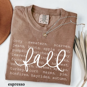 May include: A brown short-sleeved t-shirt with a crew neckline and a Comfort Colors label. The shirt features white text listing fall-themed words like sweaters, boots, and pumpkin patches, with the word fall written in a large white script font.