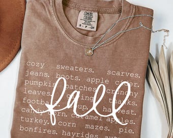 Comfort Colors® Cozy Fall T-Shirt, Autumn Favorites Word Tee, Pumpkin Patch Outfit, Autumnal Shirt, Thanksgiving Shirt, Hayride Bonfires Tee