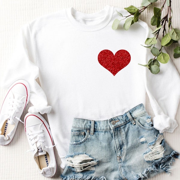 Womens Valentines Day Sweater, Red Glitter Heart Sweatshirt, Valentine Sweatshirt, Red Heart Sweater, Heart Shirt, Valentines Gifts for Her