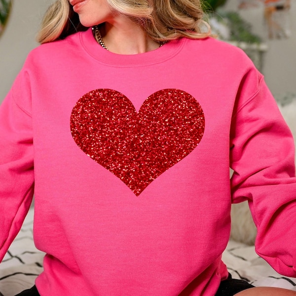 Womens Red Heart Sweatshirt, Red Glitter Heart Sweatshirt, Love Sweatshirt, Womens Gifts, Gift for Wife, Heart Sweater, Pullover Sweater