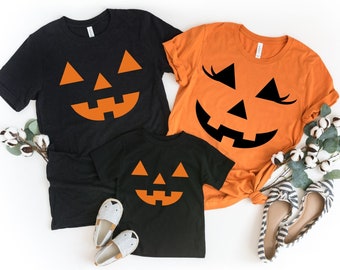 Camisetas familiares de Halloween con calabazas a juego - Disfraces de camisetas con cara de calabaza