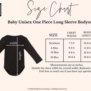 Może przedstawiać: Tabela rozmiar&oacute;w dla dziecięcego, jednolitego body z długim rękawem unisex. Tabela pokazuje szerokość klatki piersiowej i długość ciała w calach dla rozmiar&oacute;w od noworodka do 18 miesięcy.