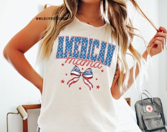 Camiseta regata "American Mama", camiseta patriótica com estampa de 1776, vestuário para o Dia da Independência dos Estados Unidos.