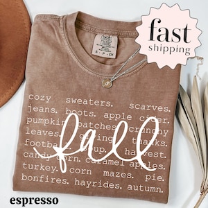 Comfort Colors® Cozy Fall T-Shirt Autumn Favorites Word Tee Pumpkin Patch Football Crunchy Leaves Thanksgiving Shirt Hayride Bonfires Shirt