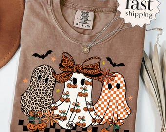 Halloween Ghost T-Shirt Comfort Colors® Coquette Leopard Checkered Ghost Cute Spooky Season Tee Ghost Graphic Tee Pumpkin Season Fall Top