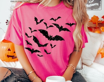 Comfort Colors® Sparkly Black Glitter Flying Bats Halloween-T-shirt - Spookachtig vintage T-shirt voor dames