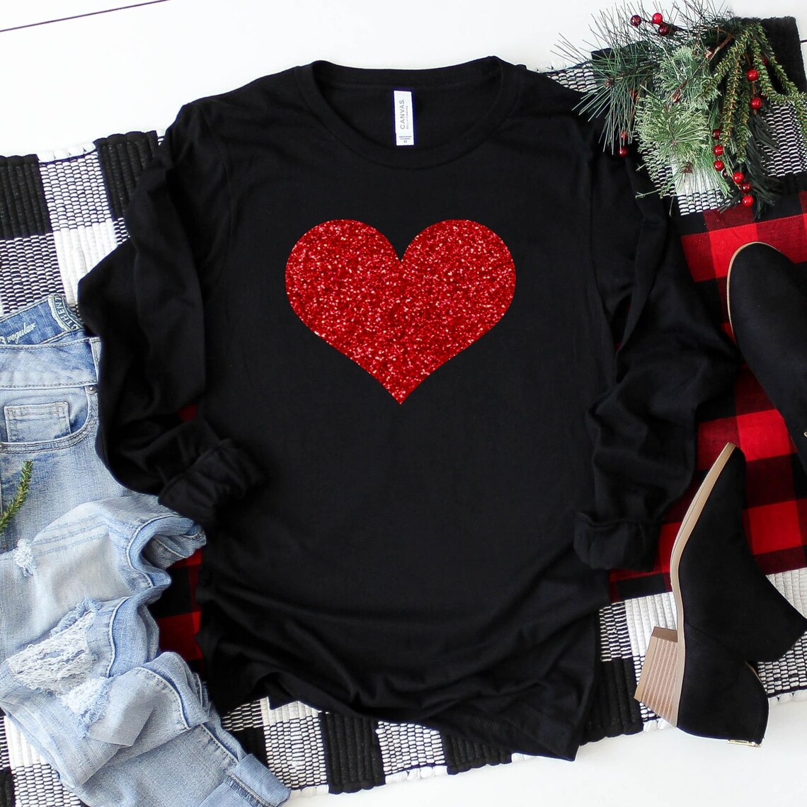 Long Sleeve Valentines Day Shirts for Women Red Glitter Heart Etsy