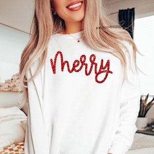 Glitter Merry Christmas Shirt: Long Sleeve Comfort Colors® Holiday Crewneck
