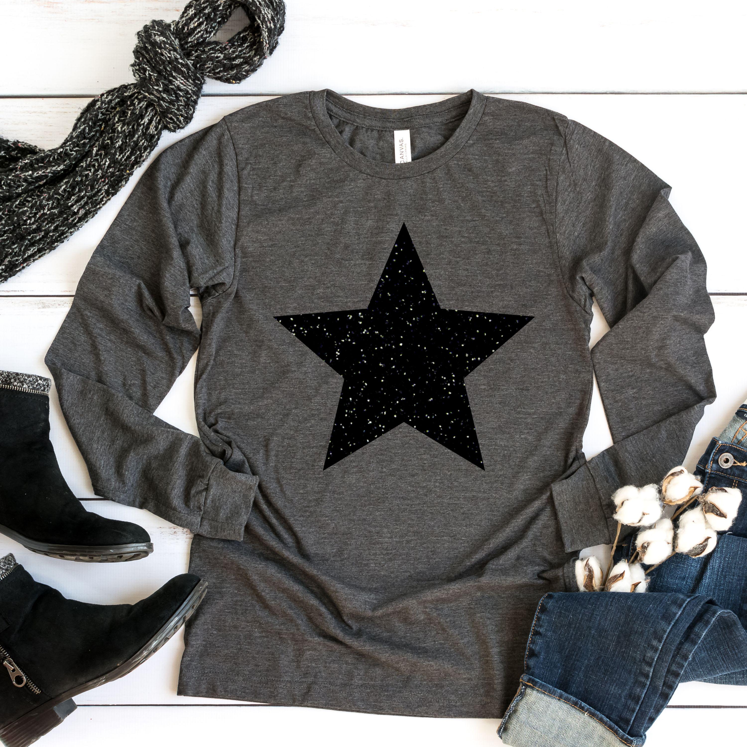 Glitter Star Long Sleeve T-shirt: Soft Cotton Casual Top for Women
