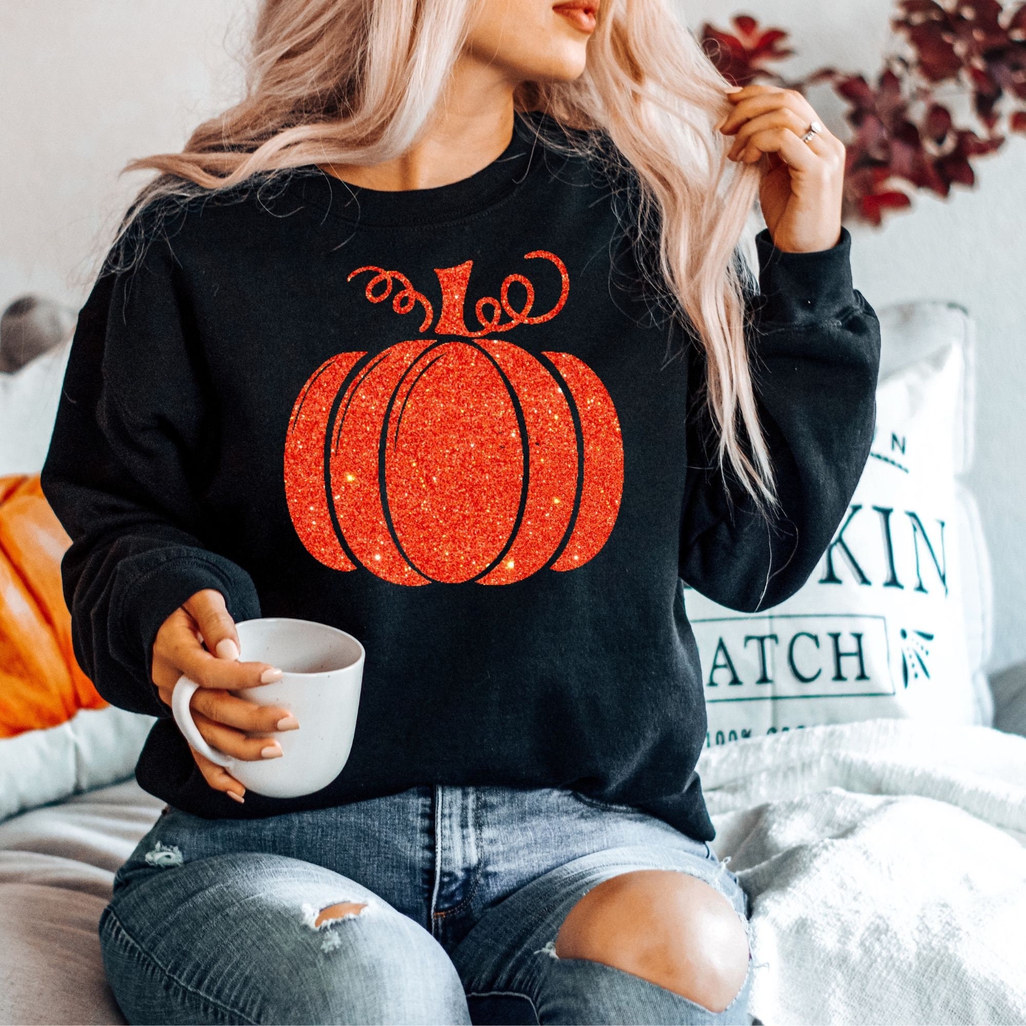 Fall Pumpkin Sweatshirt Orange Glitter 