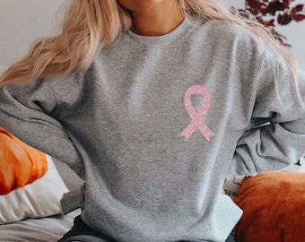Breast Cancer Shirt, Pink Glitter Ribbon Sweatshirt, Cancer Survivor Shirt, Breast Cancer Awareness Gift, Fighter Warrior Support Gift