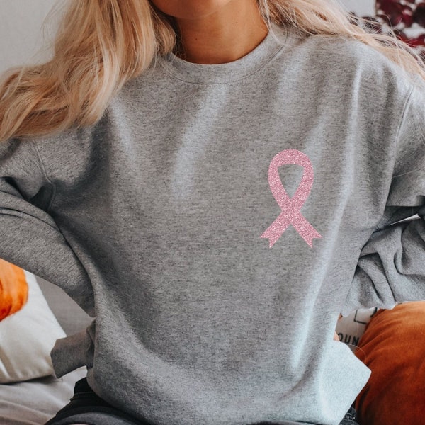 Pink Glitter Ribbon Sweatshirt, Breast Cancer Shirts, Cancer Survivor Shirt, Breast Cancer Awareness Gift, Pink Ribbon Shirts, Womens Gifts