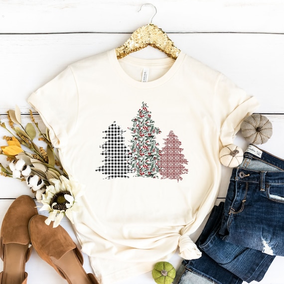 BOMYTAO Women's Farm Fresh Christmas Trees Baseball Tee – Plaid Leopard Print 3/4 Sleeve Graphic T-Shirt, Casual Long Sleeve Top, White, Size XXL