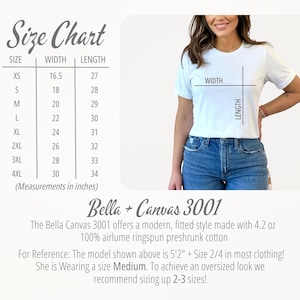 May include: A size chart for a Bella + Canvas 3001 t-shirt, displaying width and length measurements in inches for sizes XS through 4XL. The chart includes a visual guide on a white t-shirt and text detailing fabric composition and model sizing.