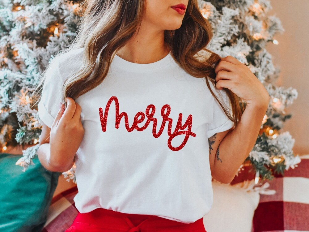 Christmas Party Merry Christmas Shirt, Glitter Merry Christmas T-Shirt, Holiday Shirts Women, Merry Christmas, Christmas Tshirt, Christmas Crewneck Tee Womens Christmas