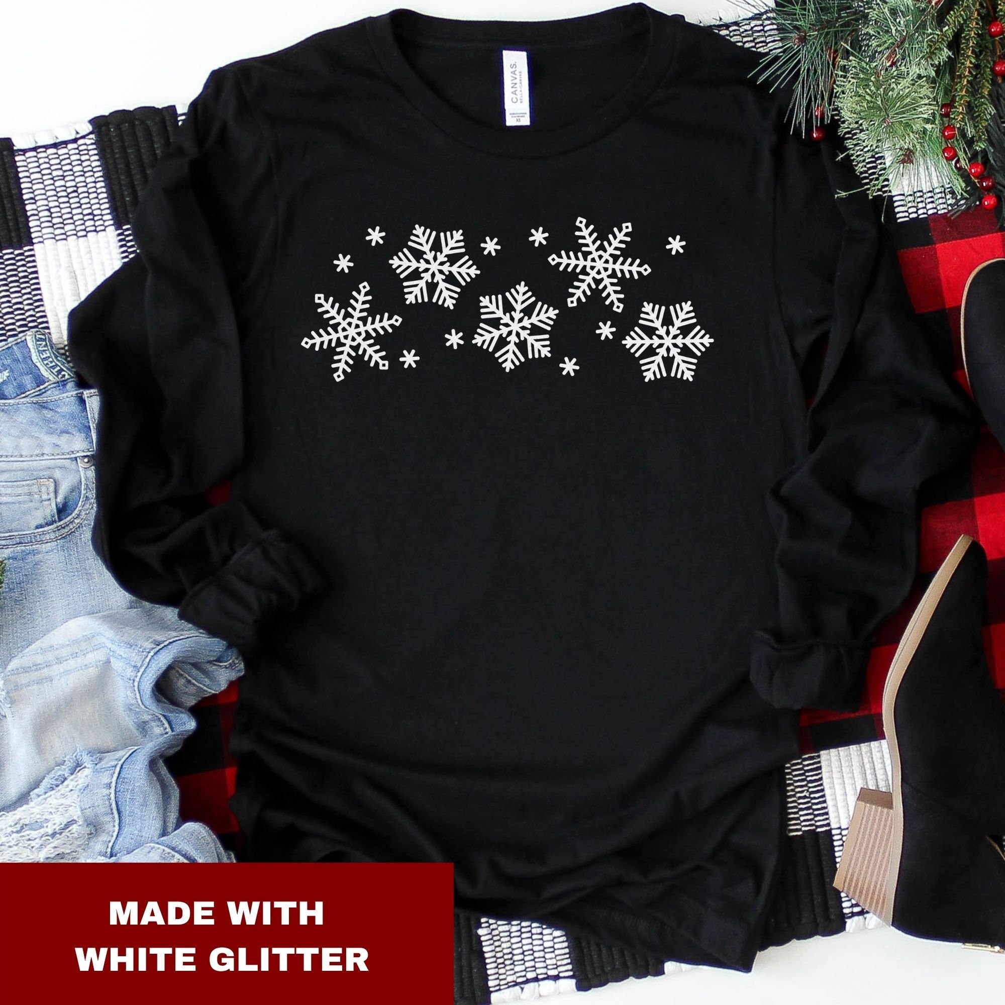 Long Sleeve Snowflake Shirt, Glitter Snowflake Shirt, Womens