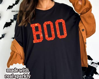 Womens Sparkly Orange and Black Boo T-Shirt Glitter Boo Tee Halloween Shirt Spooky Vibes Cute Pumpkin Season Tee Fall Tshirt Halloween Gifts