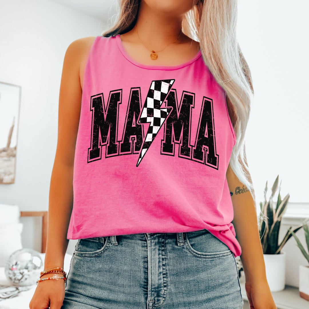 Comfort Colors® Checkered Mama Lightning Tank Top, Retro Mom Summer ...