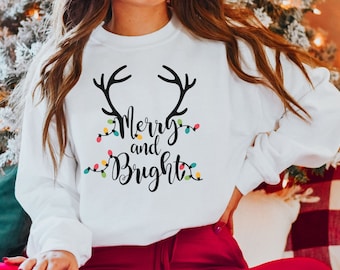 Merry and Bright Sweatshirt, Antlers Christmas Lights Shirt, Womens Christmas Shirts, Holiday Sweaters, Cute Christmas Shirts, Crewneck