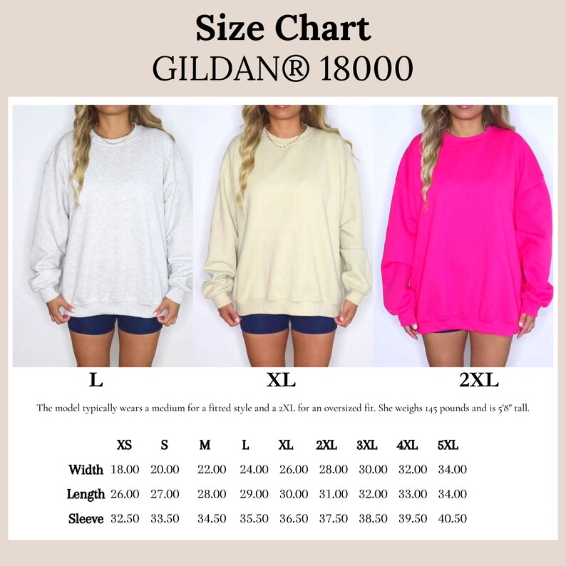 K&ouml;nnte beinhalten: Eine Gildan 18000 Gr&ouml;&szlig;entabelle mit drei Rundhals-Sweatshirts in Hellgrau, Beige und leuchtendem Pink. Das Bild zeigt die Gr&ouml;&szlig;en L, XL und 2XL an Modellen sowie eine umfassende Tabelle mit Breiten-, L&auml;ngen- und &Auml;rmelma&szlig;en in Zoll.