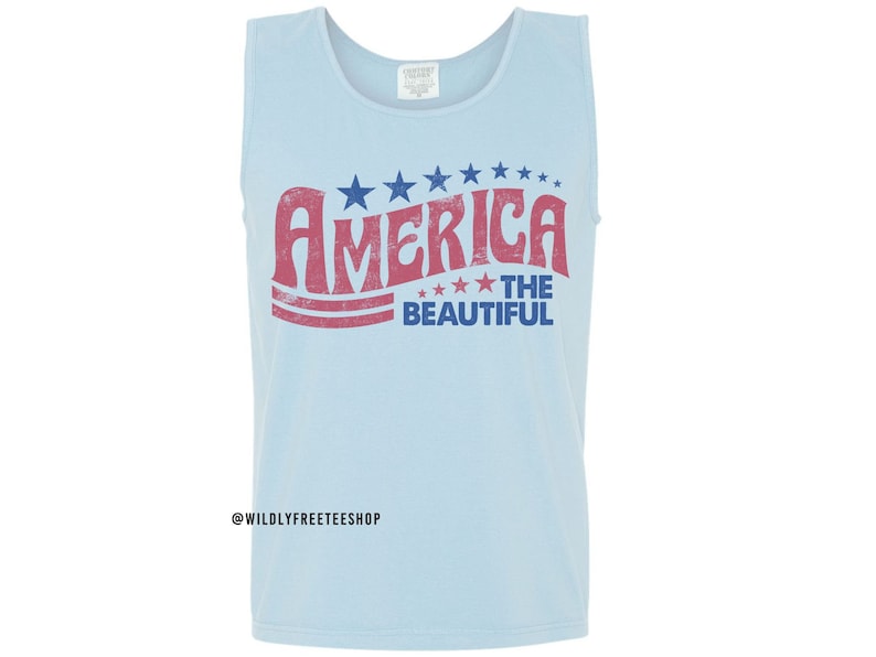 Pu&ograve; includere: Una canotta azzurra con una grafica rossa e blu che dice "America The Beautiful" con stelle intorno alla parola "America".
