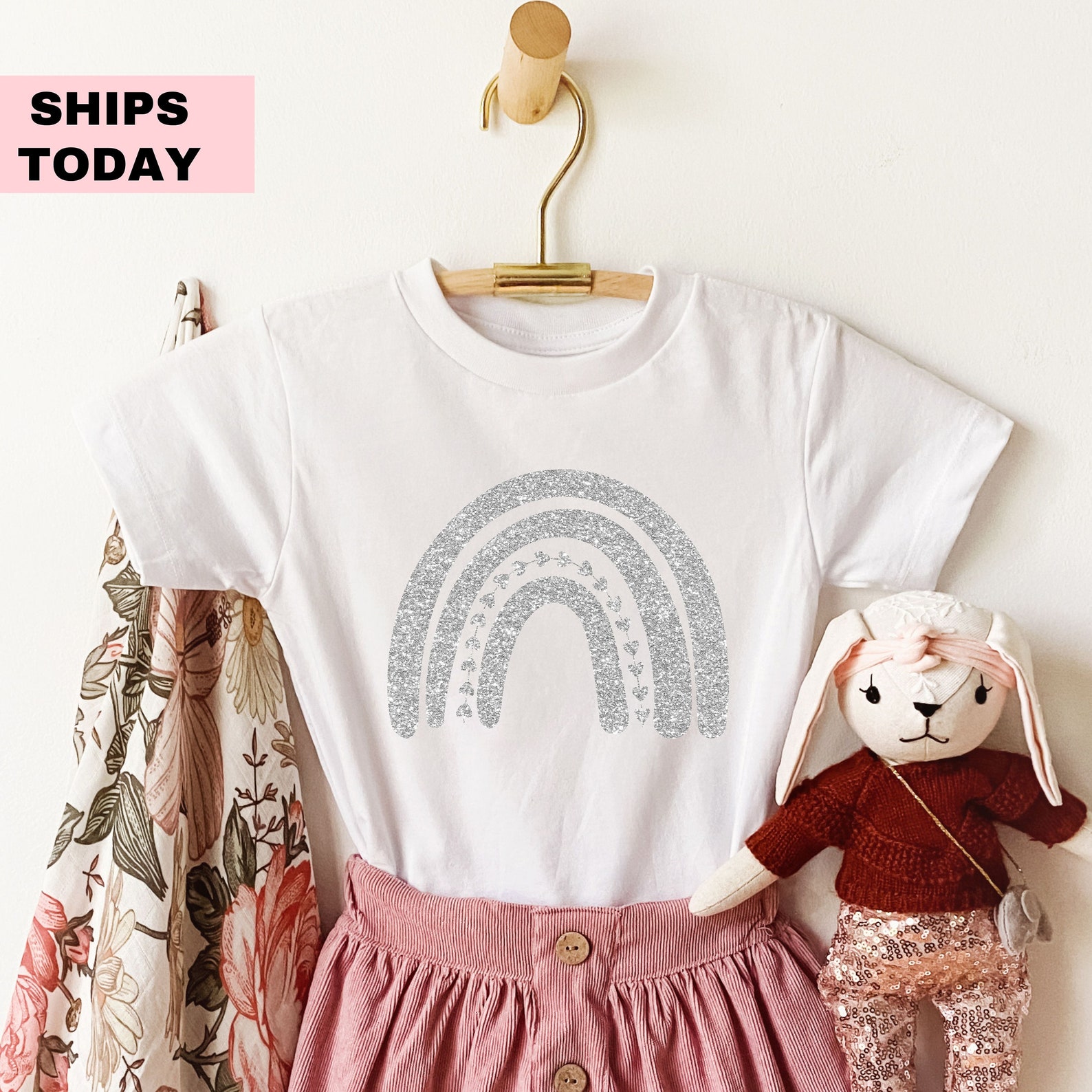 Girls Rainbow Shirt, Toddler Girl Rainbow Glitter Heart Tshirt, Silver