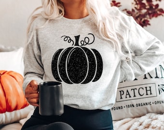 Felpa autunnale con zucca, felpa nera glitterata con zucca di Halloween, maglione del Ringraziamento, felpa a maniche lunghe girocollo con zucca taglie forti, regalo autunnale