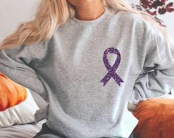 Purple Glitter Ribbon Sweatshirt: Cancer Lupus Awareness Gift
