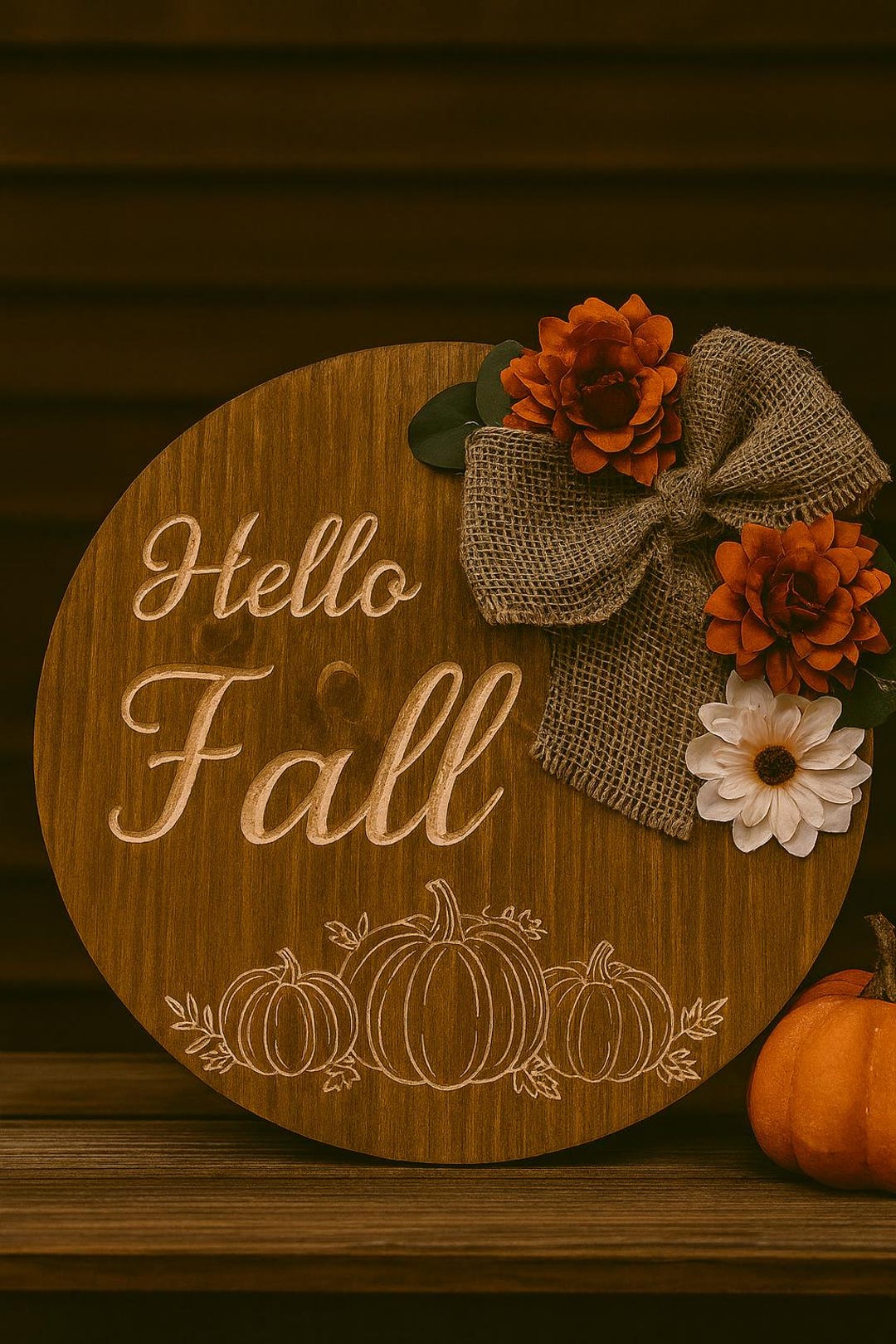 Hello Fall Engraved Sign | Rustic Round Wooden Fall Porch Sign With ...