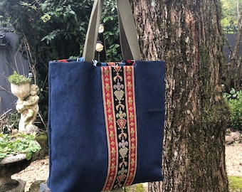 hand-crafted tote bag with 2  vintage French needlepoint panels, fully lined with pocket