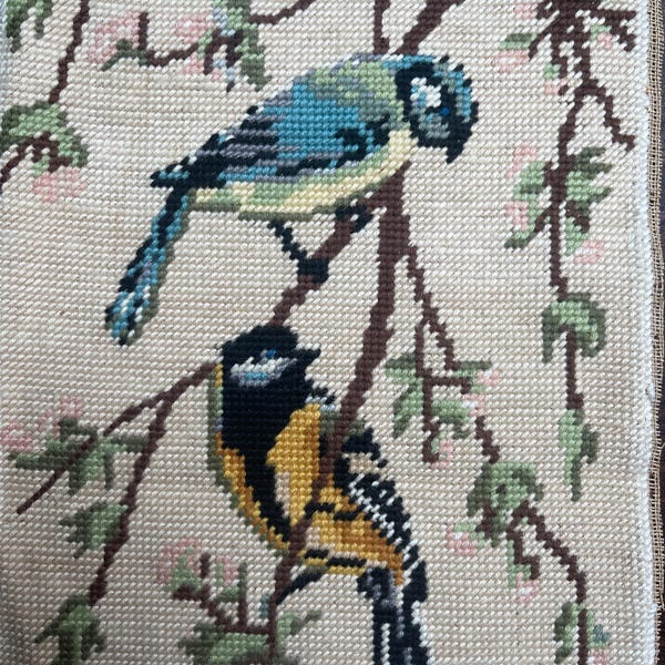 2 birds in a tree, French vintage needlepoint.craft item birds, bird decor (1f)