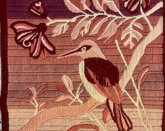 Vintage French Wool Bird Tapestry: Hand-Stitched Long Stitch