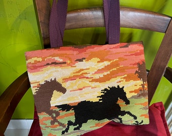 Vintage French needlepoint as a tote bag with horses (145)