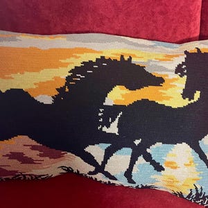 Horses running during sunset, Needlepoint  turned into a cushion cover, French vintage tapestry  (41)