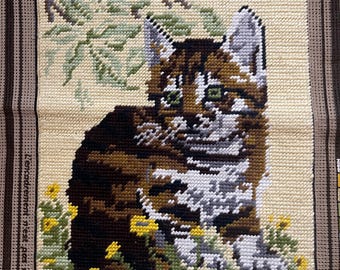 Adorable Kitten with Flowers, French Vintage Needlepoint #6B