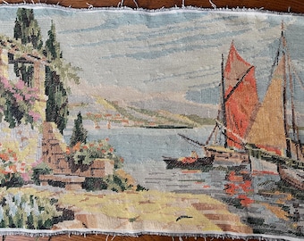 Tapiz antiguo de velero bordado. Tapiz francés, decoración del Viejo Mundo (29D)