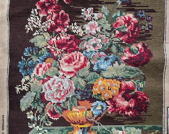Very Large Floral Needlepoint:  Handstitched French Vintage Embroidery, floral tapestry #3C