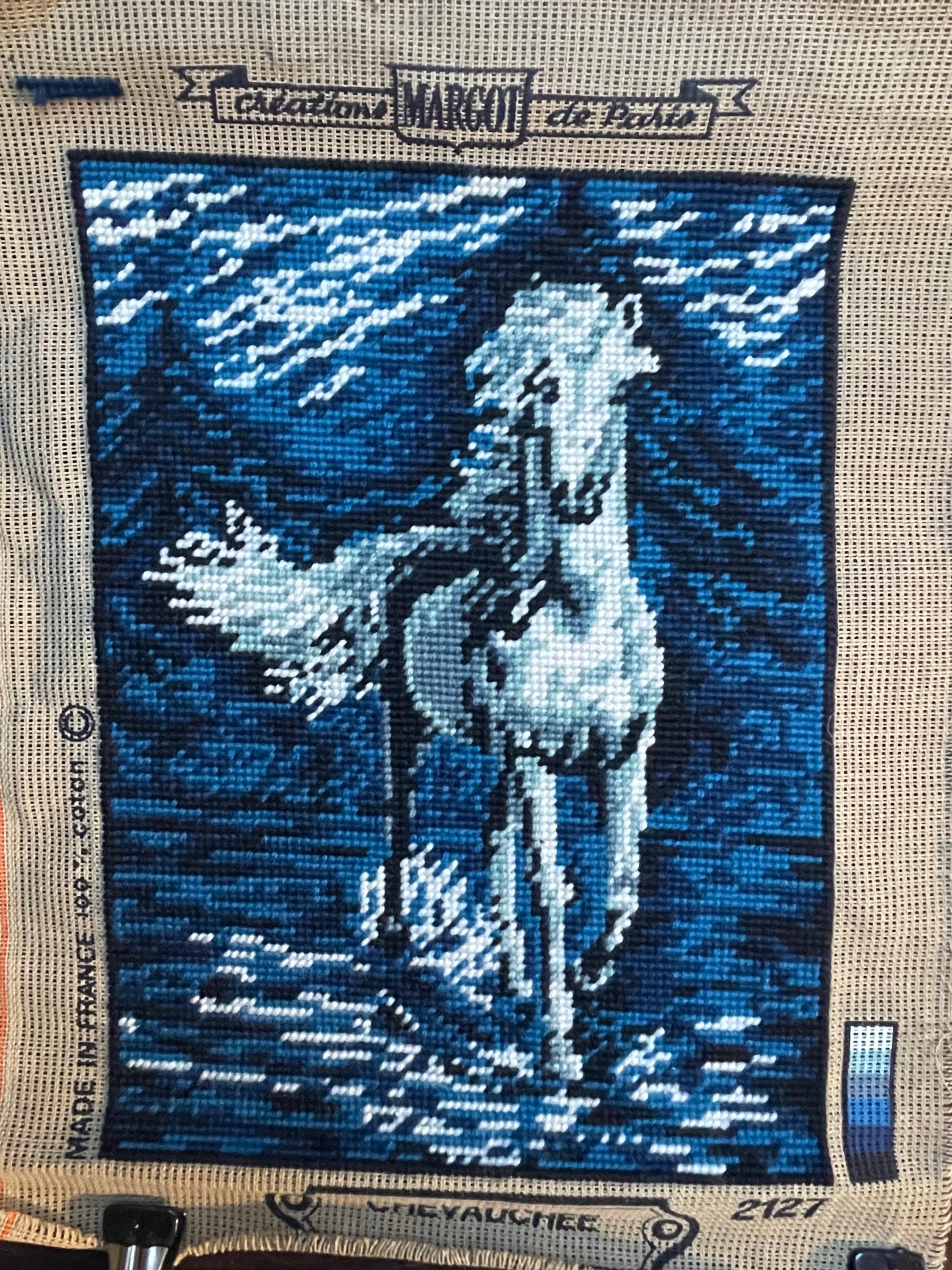 Vintage Blue French Horse Needlepoint. Portrait White Stallion