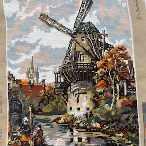 french vintage needlepoint of windmill (59c)