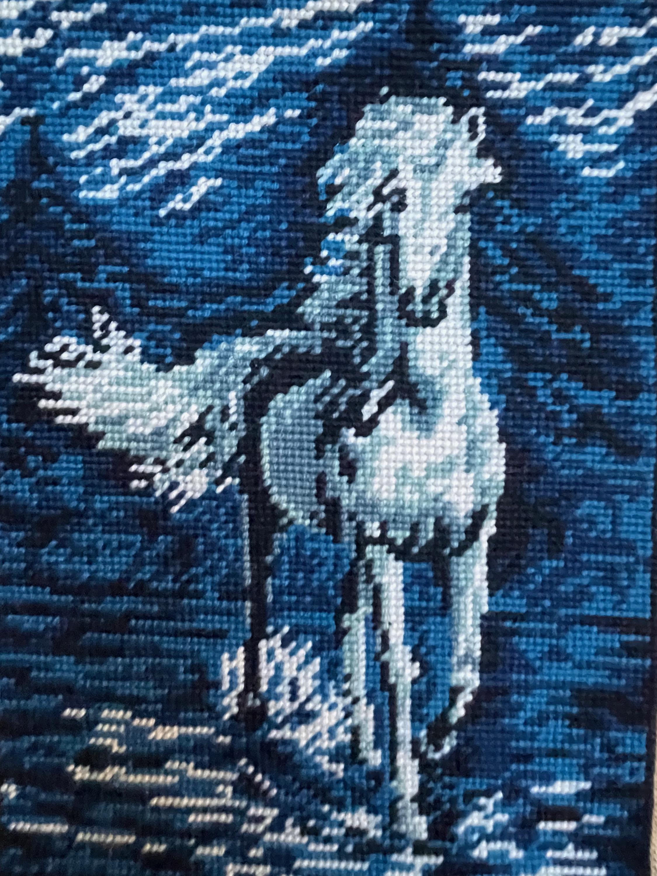 フランス　アンティーク　ヴィッドポッシュ　馬 Vintage Blue French Horse Needlepoint. Portrait White Stallion
