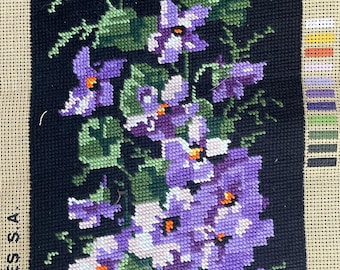 Rare purple floral needlepoint on a black background. French vintage #60C