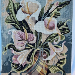 RARE stunning tapestry of Anthurium flowers, French vintage  needlepoint (72c)