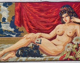 Mujer desnuda reclinada, tapiz francés antiguo, bordado de punto de aguja de un desnudo, hecho a mano (7)