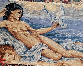 Nude woman  on the beach with 2 doves,, French vintage tapestry, handmade in France, Old World Decor #16C