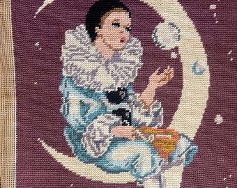 Young Pierrot Tapestry, Pierrot in the moon, French vintage needlepoint, Old world decor  #21